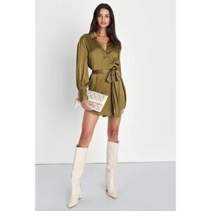 Lulus Impressive Sophistication Olive Green Satin Button-up Mini Dress - Size S
